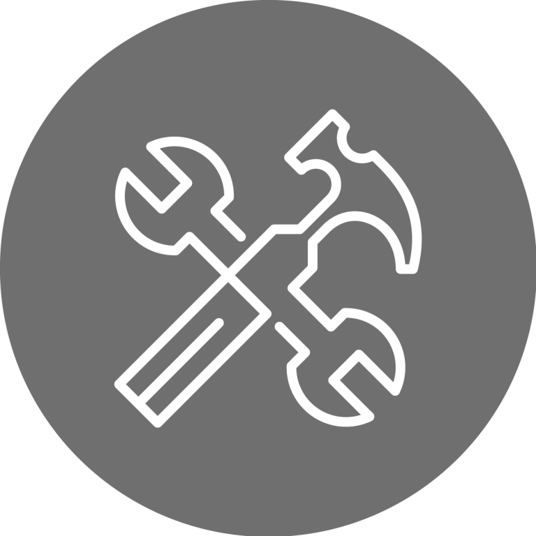 Schneller Zugriff auf Aufträge Werkzeug-Symbol mit einem Hammer und einem Schraubenschlüssel in Weiß auf grauem Hintergrund.