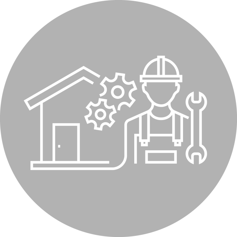 Handwerker mit Helm und Werkzeug, steht neben einem Gebäude und Zahnrädern.