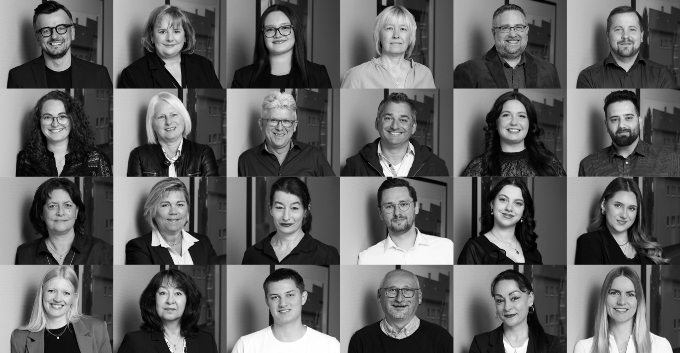 Porträtcollage von 20 Personen in Schwarz-Weiß, alle mit unterschiedlichen Ausdrücken.